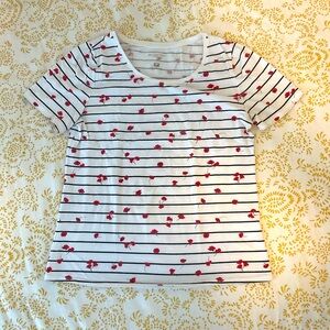 Reitmans White Shirt with Black Stripes and Red Florals